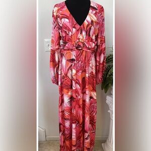 NWOT Boston Proper Pink Floral Palm Tropical Maxi Long Sleeve Flowy Dress Sz 2